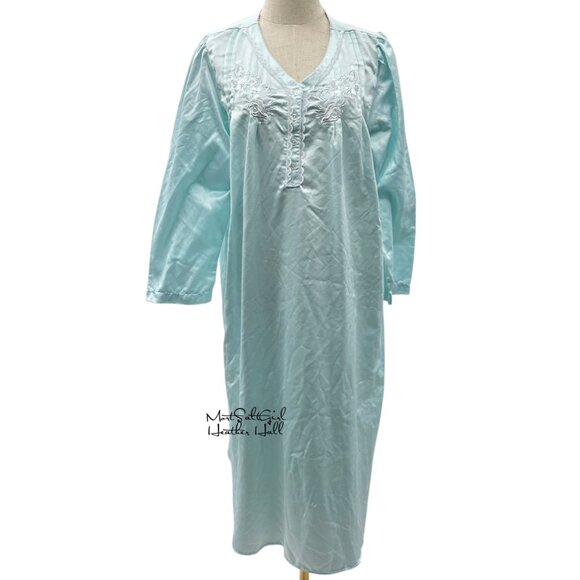 Miss Elaine Aqua Embroidered Floral V-Neck Lightweight Nightgown Size Large - Picture 1 of 6